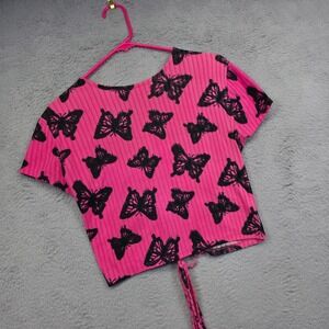 Y2K Butterfly‎ Crop Top Womens XL Back Tie Ribbed Coquette Festival Rave Monarch